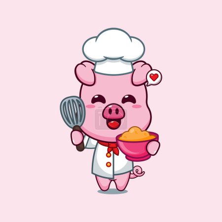 Téléchargez les illustrations : Chef porc dessin animé vecteur avec pâte à gâteau. - en licence libre de droit
