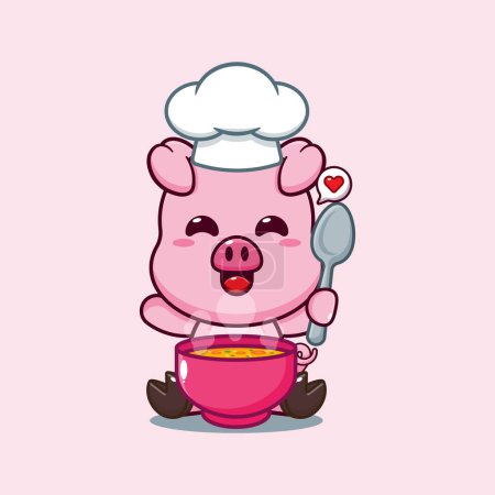 Téléchargez les illustrations : Chef porc vecteur de dessin animé avec soupe. - en licence libre de droit