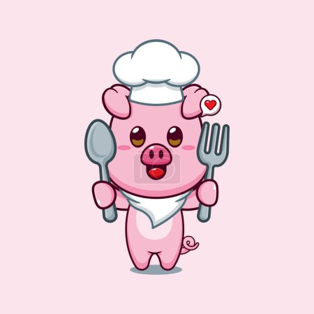 Illustration for Chef pig cartoon vector holding spoon and fork. - Royalty Free Image