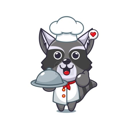 Ilustración de Chef mapache vector de dibujos animados con plato. - Imagen libre de derechos