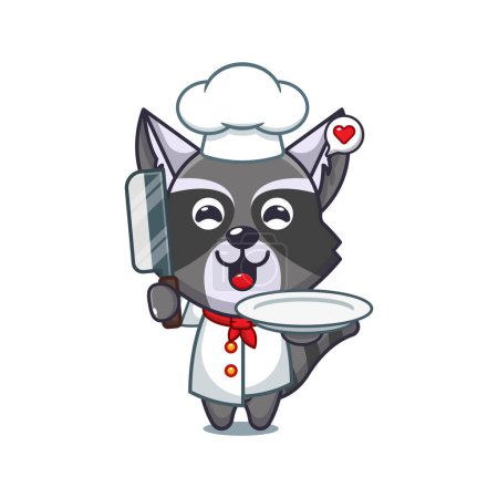 Téléchargez les illustrations : Chef raton laveur vecteur de dessin animé avec couteau et assiette. - en licence libre de droit