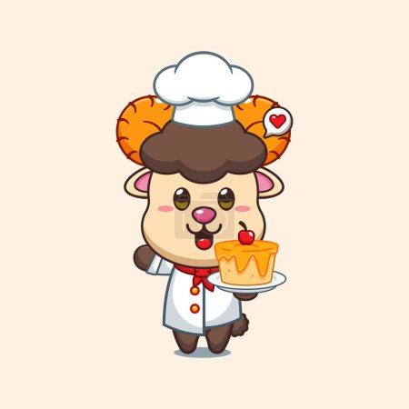 Illustration for Chef ram sheep cartoon vector with cake. - Royalty Free Image