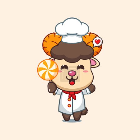 Ilustración de Chef carnero ovejas vector de dibujos animados celebración de dulces. - Imagen libre de derechos