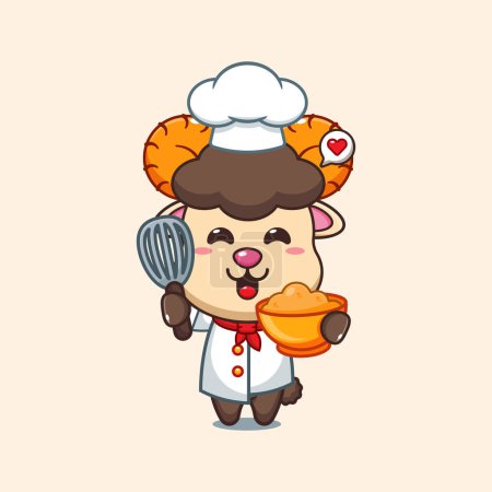 Illustration for Chef ram sheep cartoon vector with cake dough. - Royalty Free Image