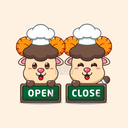 Illustration for Chef ram sheep cartoon vector with open and close board. - Royalty Free Image