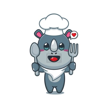 Ilustración de Chef rinoceronte vector de dibujos animados celebración cuchara y tenedor. - Imagen libre de derechos