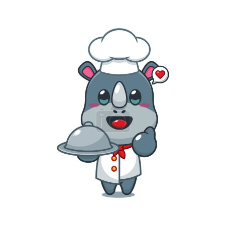 Ilustración de Chef rinoceronte vector de dibujos animados con plato. - Imagen libre de derechos