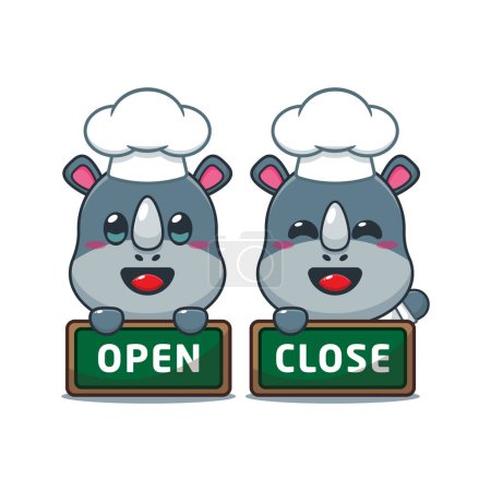 Illustration for Chef rhino cartoon vector with open and close board. - Royalty Free Image