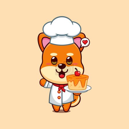 Téléchargez les illustrations : Chef shiba inu vecteur de dessin animé avec gâteau. - en licence libre de droit