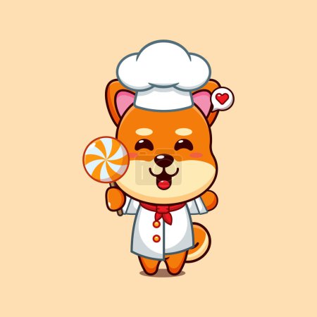 Téléchargez les illustrations : Chef shiba inu vecteur de dessin animé tenant bonbons. - en licence libre de droit
