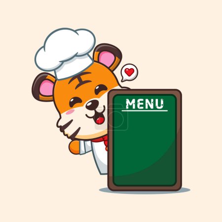 Ilustración de Chef tigre vector de dibujos animados con tablero de menú. - Imagen libre de derechos
