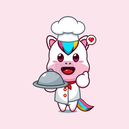 Ilustración de Chef unicornio vector de dibujos animados con plato. - Imagen libre de derechos