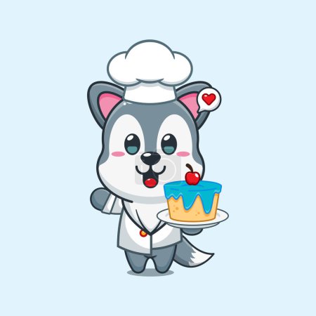 Téléchargez les illustrations : Chef loup dessin animé vecteur avec gâteau. - en licence libre de droit