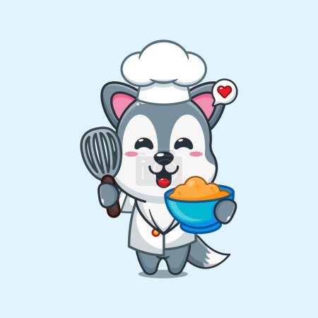 Ilustración de Chef lobo vector de dibujos animados con masa de pastel. - Imagen libre de derechos