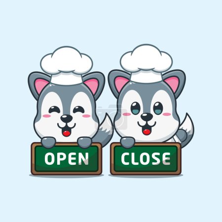 Illustration for Chef wolf cartoon vector with open and close board. - Royalty Free Image