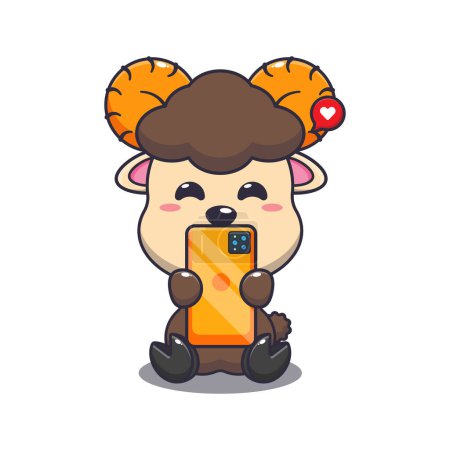 Illustration for Cute ram sheep with phone cartoon vector illustration. - Royalty Free Image