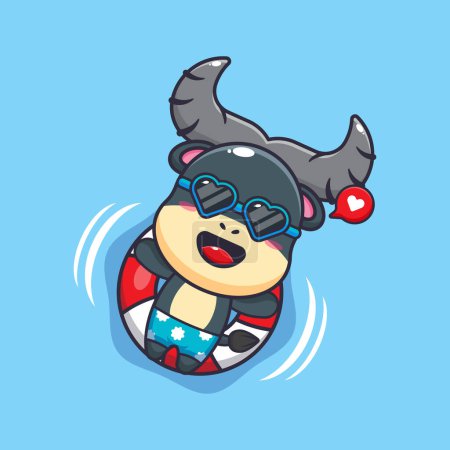 Téléchargez les illustrations : Cute buffalo in sunglasses float with buoy. Cute summer cartoon illustration. - en licence libre de droit