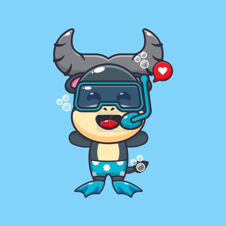 Téléchargez les illustrations : Cute buffalo diving cartoon mascot character illustration. Cute summer cartoon illustration. - en licence libre de droit