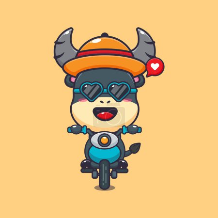 Téléchargez les illustrations : Cool buffalo with sunglasses riding a motorcycle in summer day. Cute summer cartoon illustration. - en licence libre de droit