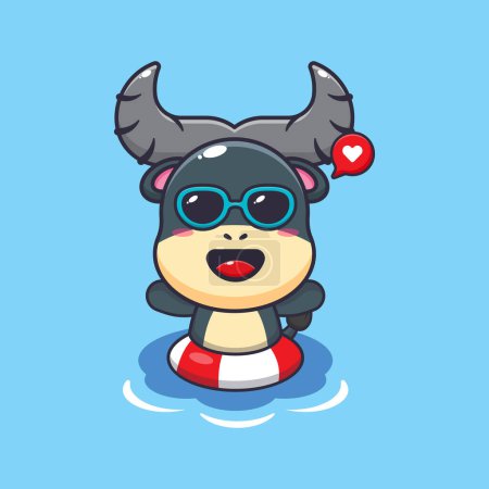 Téléchargez les illustrations : Cute buffalo in sunglasses swimming on beach. Cute summer cartoon illustration. - en licence libre de droit