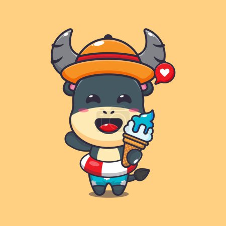 Ilustración de Cute buffalo with ice cream on beach cartoon illustration. Cute summer cartoon illustration. - Imagen libre de derechos