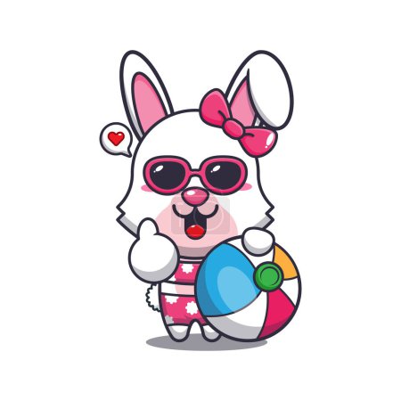 Illustration for Cute bunny in sunglasses with beach ball cartoon illustration. Cute summer cartoon illustration. - Royalty Free Image