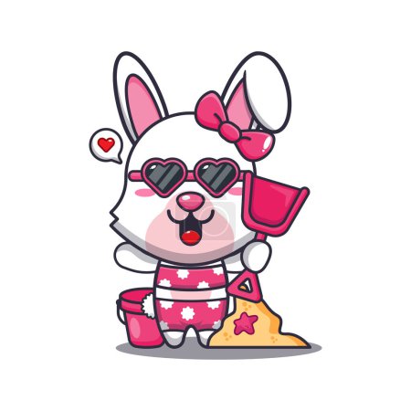 Ilustración de Cute bunny in sunglasses play sand beach cartoon illustration. Cute summer cartoon illustration. - Imagen libre de derechos
