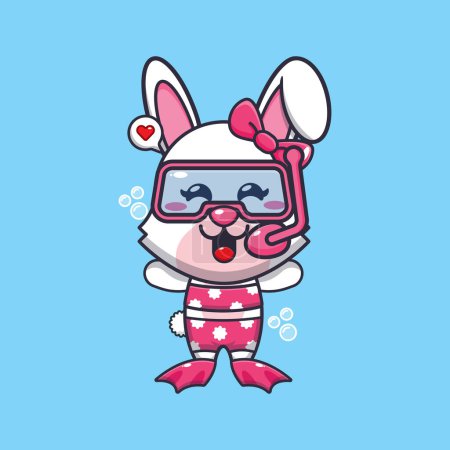 Illustration for Cute bunny diving cartoon mascot character illustration. Cute summer cartoon illustration. - Royalty Free Image