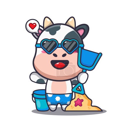 Téléchargez les illustrations : Cute cow in sunglasses play sand beach cartoon illustration. Cute summer cartoon illustration. - en licence libre de droit