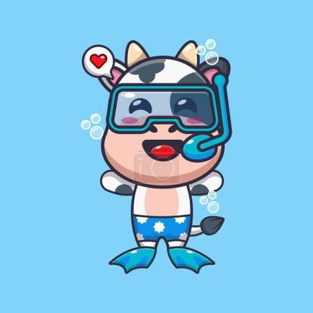 Illustration for Cute cow diving cartoon mascot character illustration. Cute summer cartoon illustration. - Royalty Free Image