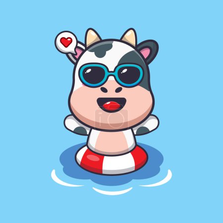 Téléchargez les illustrations : Cute cow in sunglasses swimming on beach. Cute summer cartoon illustration. - en licence libre de droit