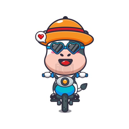 Illustration for Cool cow with sunglasses riding a motorcycle in summer day. Cute summer cartoon illustration. - Royalty Free Image