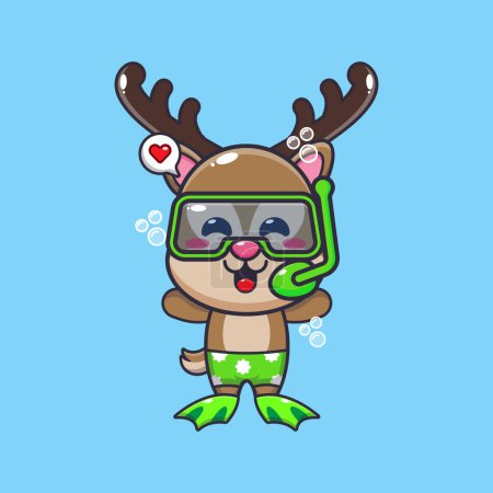 Téléchargez les illustrations : Cute deer diving cartoon mascot character illustration. Cute summer cartoon illustration. - en licence libre de droit
