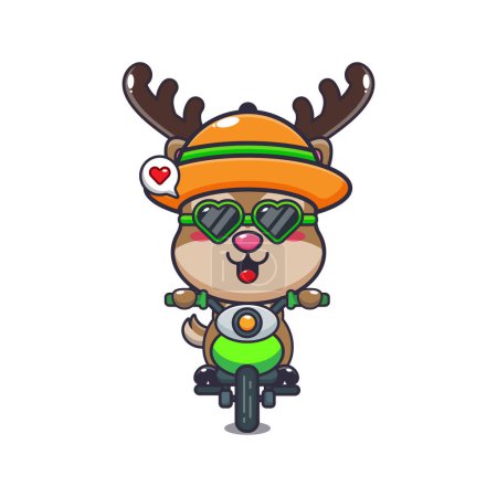 Illustration for Cool deer with sunglasses riding a motorcycle in summer day. Cute summer cartoon illustration. - Royalty Free Image