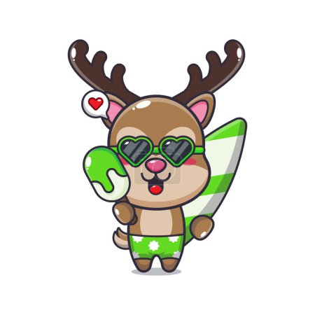 Téléchargez les illustrations : Cute deer with surfboard holding ice cartoon illustration. Cute summer cartoon illustration. - en licence libre de droit