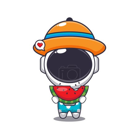 Téléchargez les illustrations : Cute astronaut eating fresh watermelon cartoon illustration. Cute summer cartoon illustration. - en licence libre de droit