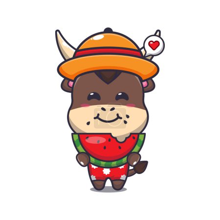 Téléchargez les illustrations : Cute bull eating fresh watermelon cartoon illustration. Cute summer cartoon illustration. - en licence libre de droit