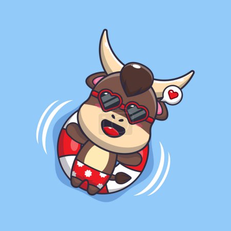 Illustration for Cute bull in sunglasses float with buoy. Cute summer cartoon illustration. - Royalty Free Image