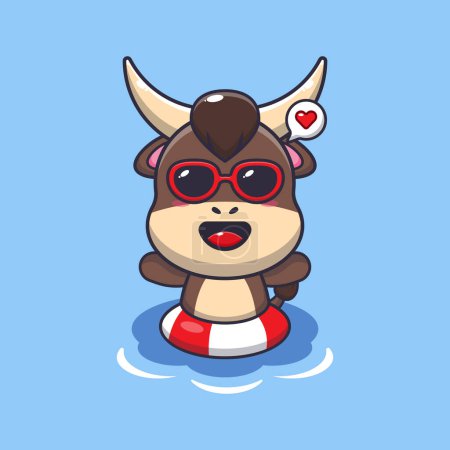 Ilustración de Cute bull in sunglasses swimming on beach. Cute summer cartoon illustration. - Imagen libre de derechos