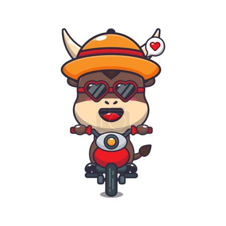 Téléchargez les illustrations : Cool bull with sunglasses riding a motorcycle in summer day. Cute summer cartoon illustration. - en licence libre de droit