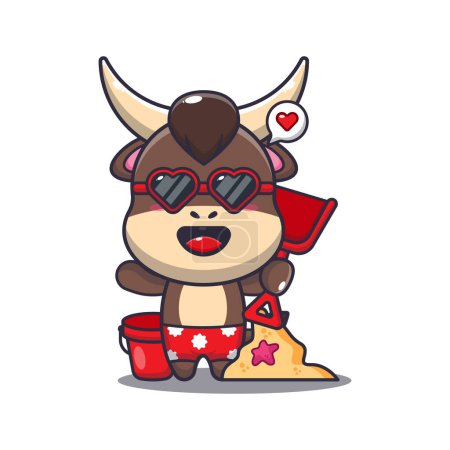 Téléchargez les illustrations : Cute bull in sunglasses play sand beach cartoon illustration. Cute summer cartoon illustration. - en licence libre de droit