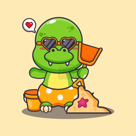 Illustration for Cute dino in sunglasses play sand beach cartoon illustration. Cute summer cartoon illustration. - Royalty Free Image
