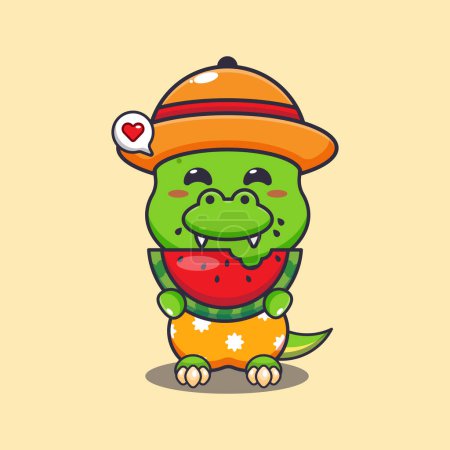 Téléchargez les illustrations : Cute dino eating fresh watermelon cartoon illustration. Cute summer cartoon illustration. - en licence libre de droit