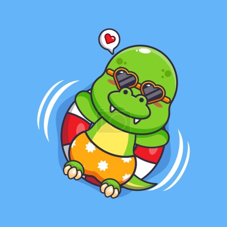 Téléchargez les illustrations : Cute dino in sunglasses float with buoy. Cute summer cartoon illustration. - en licence libre de droit