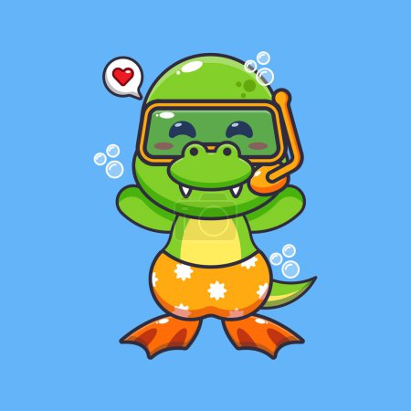 Illustration for Cute dino diving cartoon mascot character illustration. Cute summer cartoon illustration. - Royalty Free Image