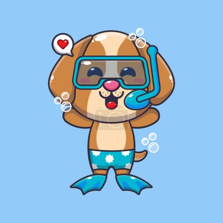 Téléchargez les illustrations : Cute dog diving cartoon mascot character illustration. Cute summer cartoon illustration. - en licence libre de droit