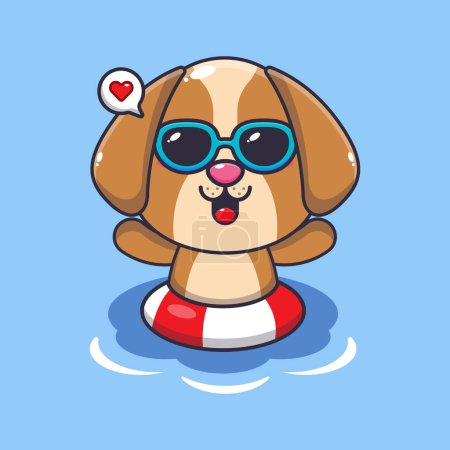 Ilustración de Cute dog in sunglasses swimming on beach. Cute summer cartoon illustration. - Imagen libre de derechos