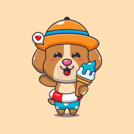 Illustration for Cute dog with ice cream on beach cartoon illustration. Cute summer cartoon illustration. - Royalty Free Image