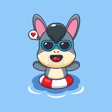 Téléchargez les illustrations : Cute donkey in sunglasses swimming on beach. Cute summer cartoon illustration. - en licence libre de droit