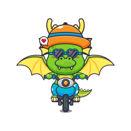Téléchargez les illustrations : Cool dragon with sunglasses riding a motorcycle in summer day. Cute summer cartoon illustration. - en licence libre de droit